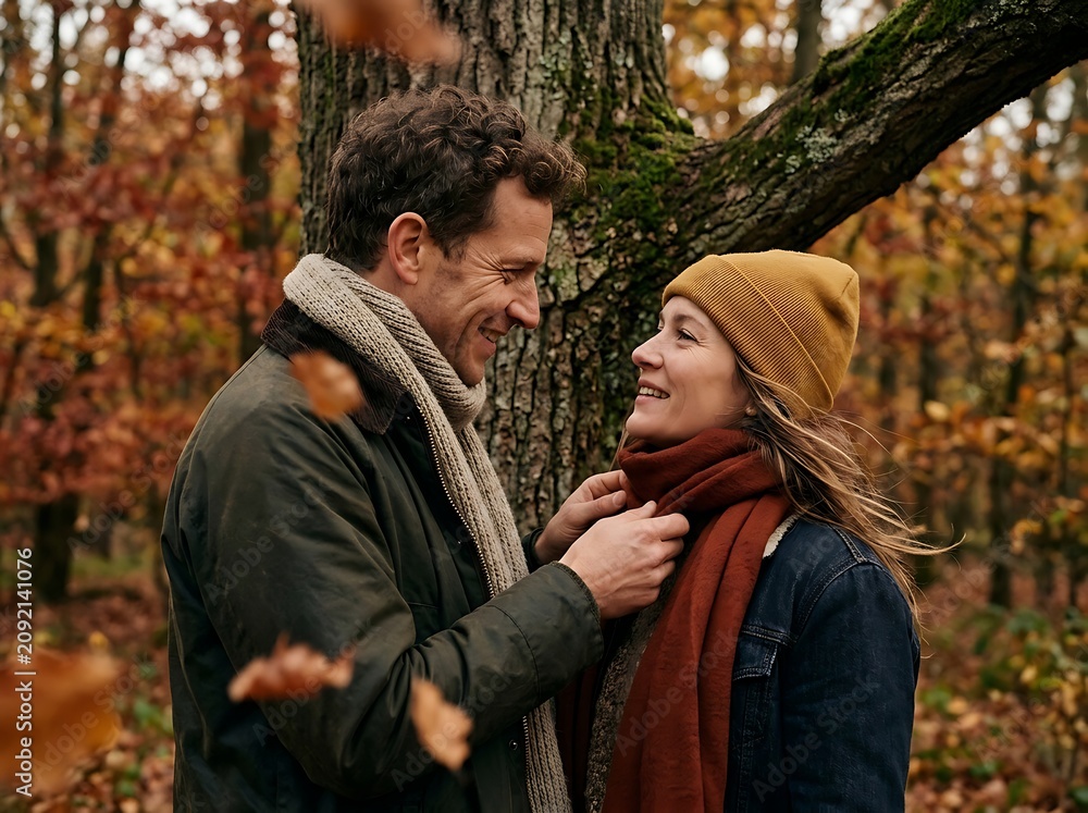 Fototapeta premium Happy Mature Couple Embracing in Autumn Forest with Falling Leaves