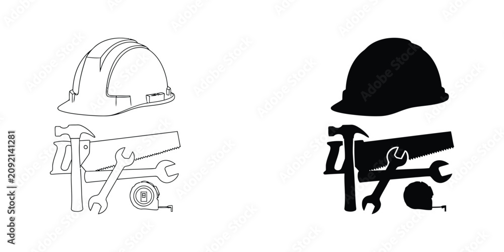 Fototapeta premium Construction safety helmet with saw and hammer icons for building industry