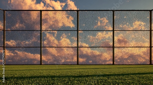 Chain-link fence against a colorful sunset sky viewed from a grassy field in a peaceful outdoor setting