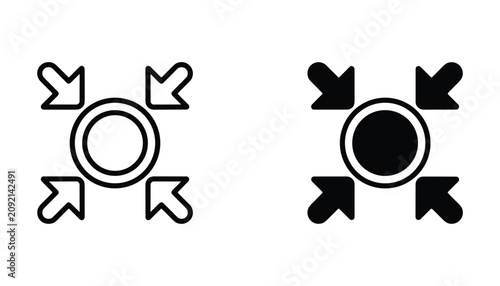Target focus and alignment icon set with central point and surrounding arrows in line art and solid black style for strategic planning and business goal setting digital graphics