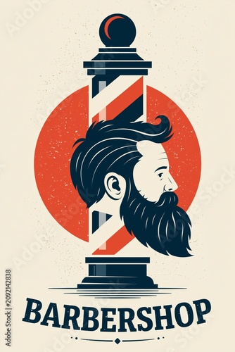 Minimalistic barbershop poster illustration featuring a barber pole, beard silhouette and typography-inspired composition with clean modern branding aesthetics.