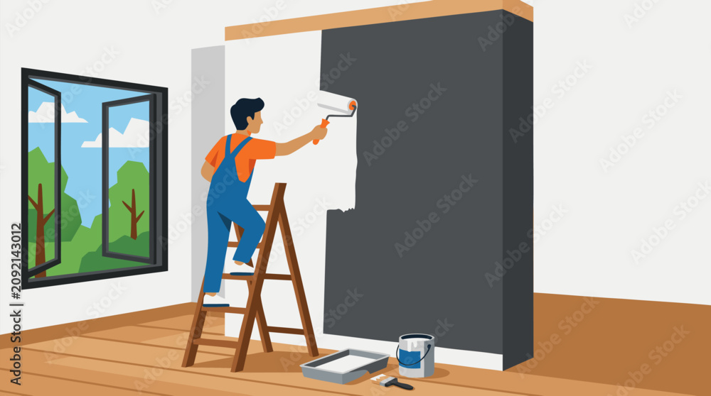 © Khalid - Focused professional painter standing on wooden ladder rolling fresh white paint over tall dark interior accent wall in bright room with open window scenic view of trees and wooden floor with paint