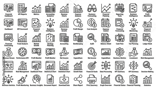 Business icons illustrate various aspects of office work and industry