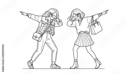 Cuadro en lienzo Fashionable women doing dab pose hand drawn line art vector illustration isolate