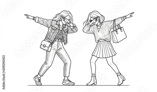 Konstfotografi Two stylish women fashion line art vector with playful dab pose isolated on whit