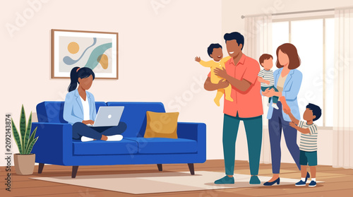Modern Family Life with diverse parents, children, and woman working on laptop in living room ideal for work-life balance and parenting blogs.