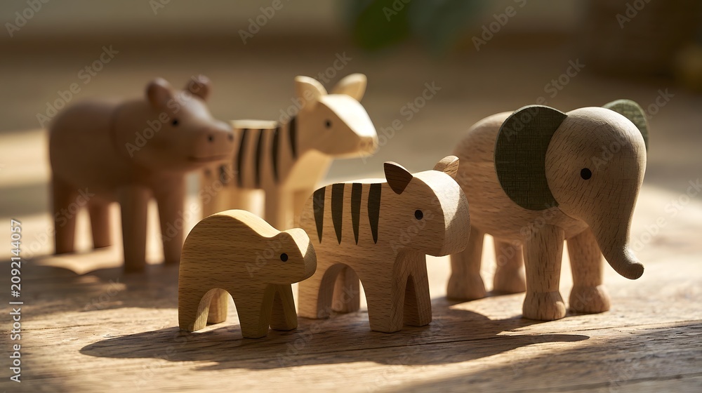 Obraz premium A row of wooden toy animals including elephant zebra and hippo standing on a sunlit wooden floor