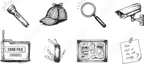 Vintage detective investigation concept sketches with cap and magnifying glass
