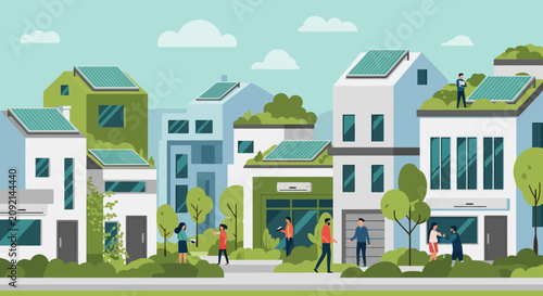 Sustainable eco friendly houses with solar panels in a green city neighborhood
