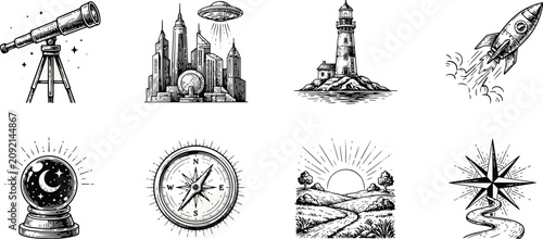 Hand drawn vintage travel and adventure sketches set, lighthouse and compass vector