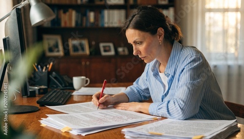 Focused copy editor proofreading printed manuscript with red pen in warm cozy office, professional publishing workflow, precise grammar review and thoughtful document correction desk