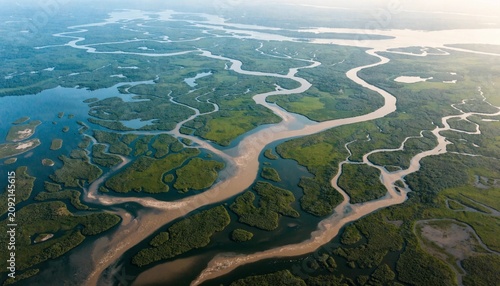 Aerial view of meandering river delta with branching muddy channels winding through lush green wetlands, islands, marshes and reflective water under soft hazy daylight, vast natural estuary ecosystem