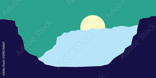 Canvastavla Geology Landscape Dark Blue Mountains Light Blue Lake Green Sky Yellow Sun