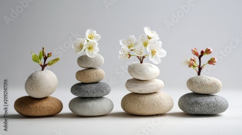 Zen Balance Stones with Blooming Spring Flowers, Growth and Wellness Concept