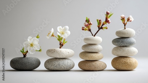 Zen Balance Stones with Blooming Spring Flowers, Growth and Wellness Concept
