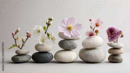 Zen Balance Stones with Blooming Spring Flowers, Growth and Wellness Concept
