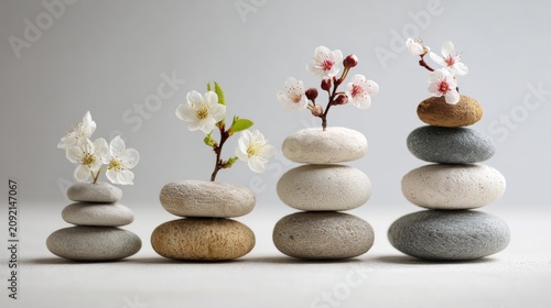 Zen Balance Stones with Blooming Spring Flowers, Growth and Wellness Concept
