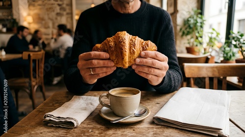 A seated man holds a flaky croissant above coffee on a wooden cafe table with newspaper and napkin, suited for breakfast, bakery, and hospitality marketing.