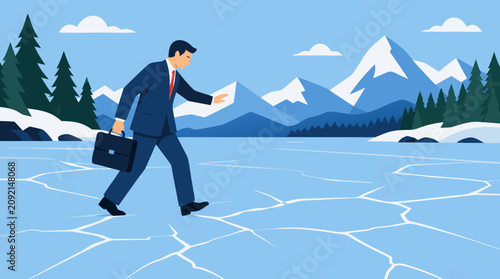 Businessman cautiously crossing a frozen lake with thin cracks, briefcase in hand, mountain landscape behind, risk management and fragile opportunity concept in clean vector style