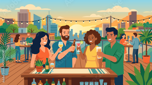Happy friends toasting cocktails and beer at a sunset rooftop summer party, city skyline, string lights and plants, vibrant social gathering illustration for nightlife, hospitality and lifestyle ads