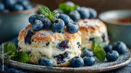 Handcrafted blueberry breakfast pastries presenting creamy glaze fresh mint garnish wallpapers