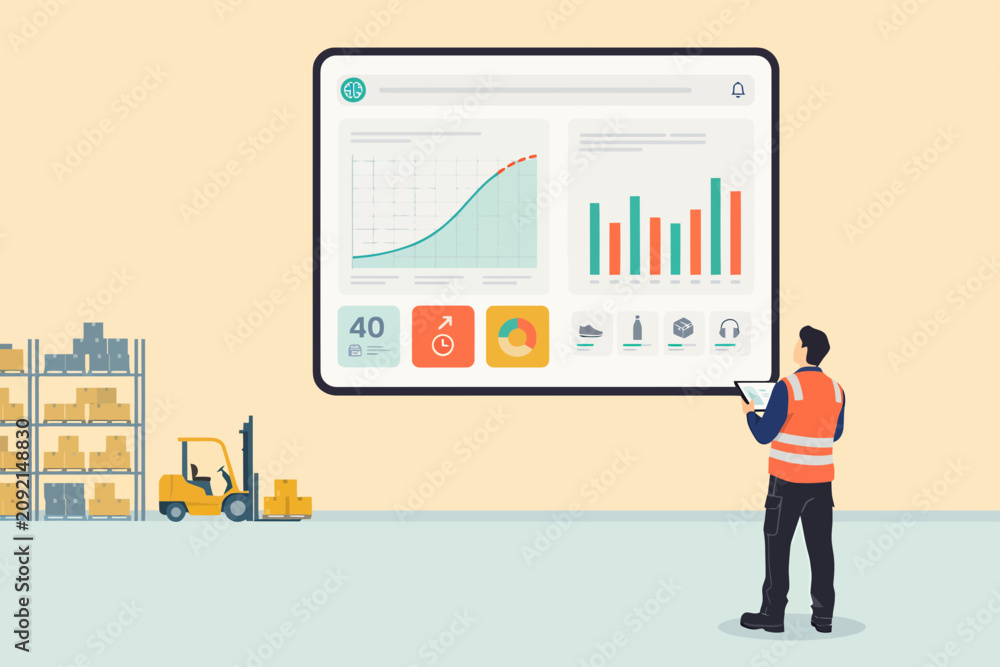 Obraz premium Logistics warehouse management illustration showing a worker in safety gear analyzing performance data on a large digital dashboard screen with charts and graphs