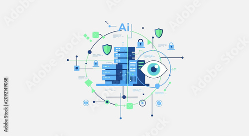 AI cybersecurity concept with eye, servers, shields, locks, and network connections