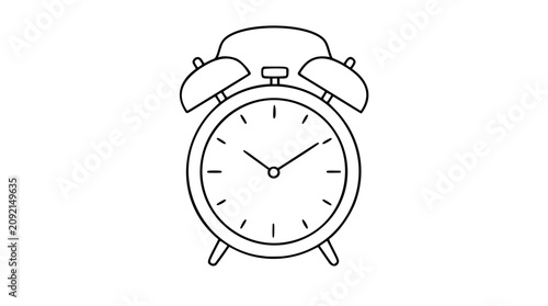 Fotografie Clean black and white line art vector icon of a classic twin bell alarm clock, ideal for schedules, reminders, productivity apps, and time management layouts