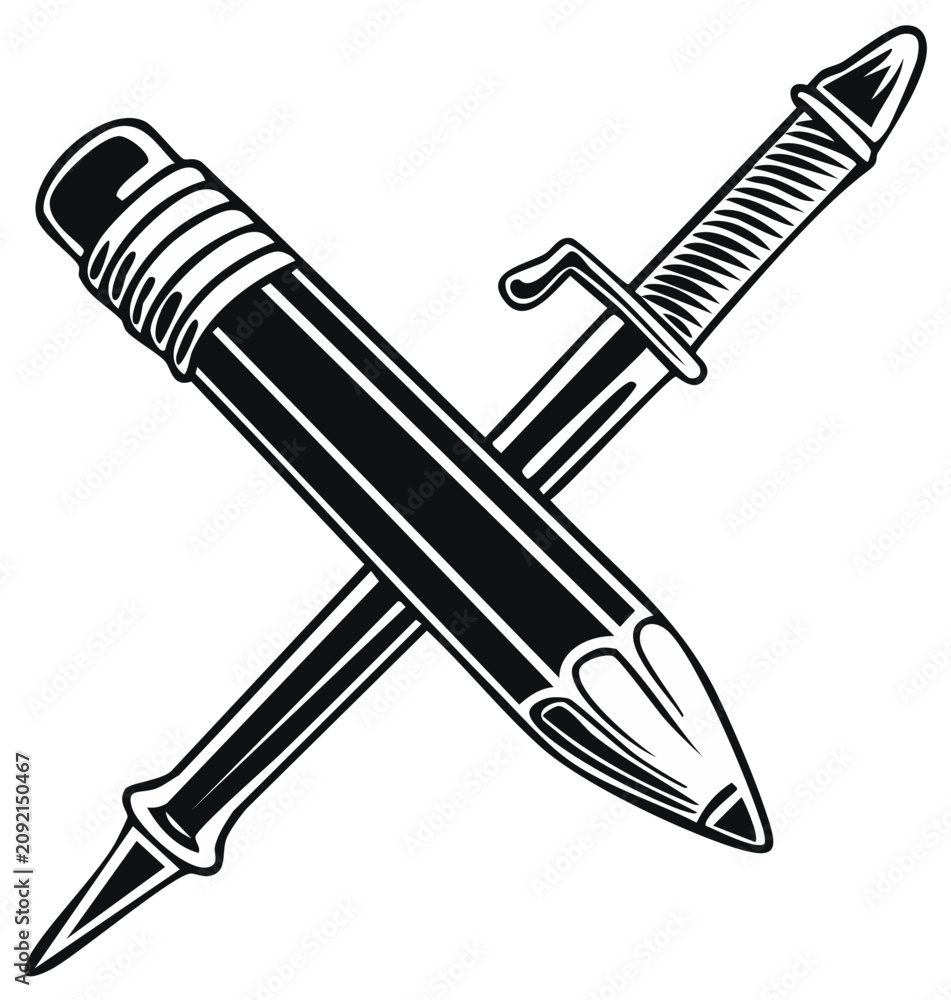 Fototapeta premium Pencil and Bayonet Crossed Symbolizing Power of Words and Might