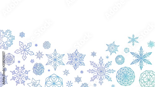 Blue snowflake border design with elegant winter ice crystal decorations on white background and copy space
