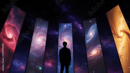 Person standing before cosmic galaxy portals exploring universe space science fiction and futuristic technology