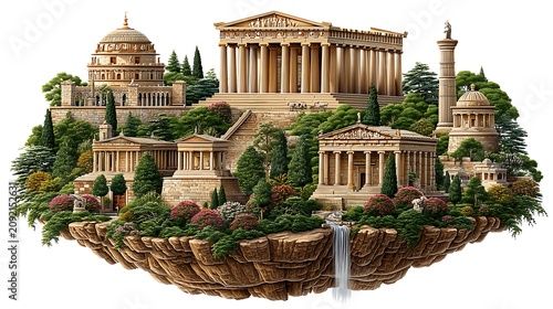 Ancient greek temple city on floating island high-resolution picture