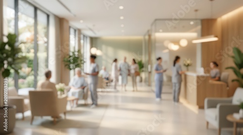 Blurred hospital lobby reception area medical clinic interior healthcare facility waiting room blurred background nursing staff patients modern wellness