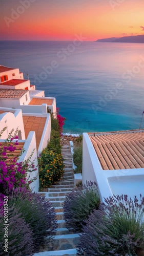 Beautiful stone steps leading down to the sea past traditional white houses with red tile roofs at sunset