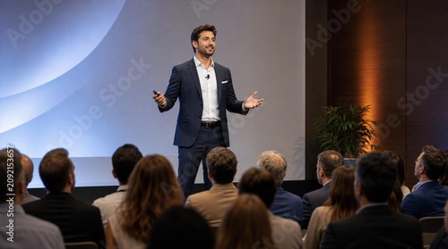 A suited presenter speaks with a remote before a seated conference audience, suited for promoting corporate training, leadership seminars, and business events.