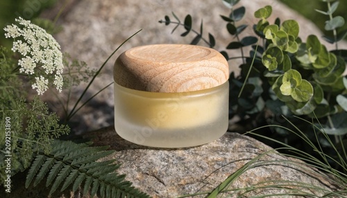 Natural organic face cream in frosted glass jar with wooden lid, surrounded by lush green botanicals on sunlit stone, eco luxury skincare spa product photography with soft daylight