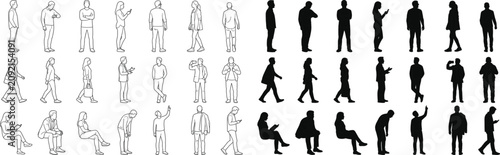 Tableau sur toile Vector set of casual people silhouettes and architectural line drawings for rend