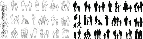 Bild auf Leinwand Vector set of family architectural silhouettes and line drawings for rendering a