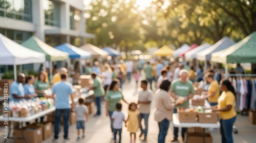 blurred community event outdoor charity market food drive volunteer work neighborhood gathering social service help kindness people donation drive