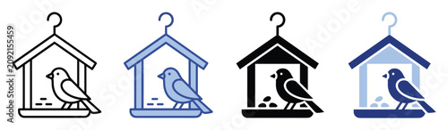 Set of bird feeder icons showing small birds eating seeds, perfect for nature conservation and backyard wildlife projects