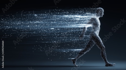 Visualization of machine learning process, human figure dissolving into streams of data and reforming, transformation and digital evolution concept