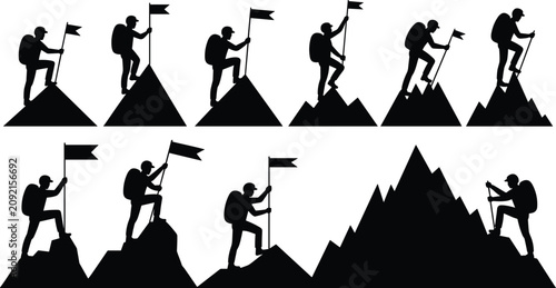Obraz na płótnie Silhouette mountain climber with flag, hiking achievement, peak conquest, outdoo