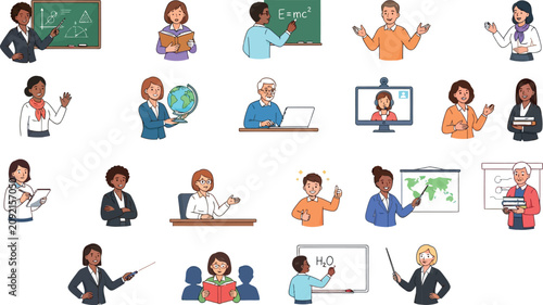 Diverse educators collection illustration of teachers and professors engaging in various educational settings