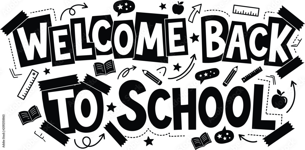 Obraz premium Welcome Back To School hand drawn lettering with educational doodles on white background