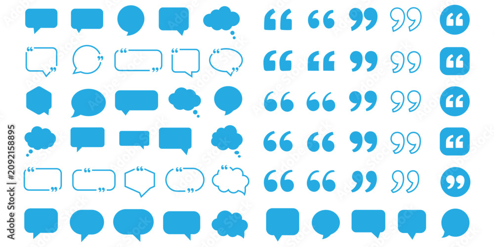 Fototapeta premium Blank comic speech bubble line icon set with chat box thought cloud and quote sign. Text quote frame vector template, collection of speech bubble and quotation box shapes, geometric message frames