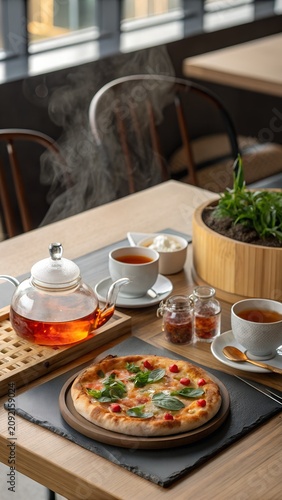 Cozy café style restaurant featuring delicious pizza and tea Vertical commercial presentation crafted for pizzeria business promotion branding social media advertising success