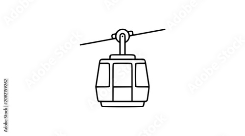 A stylized black and white line art vector icon of an aerial gondola cabin on cables, perfect for travel platforms, mountain resort branding, or sightseeing attraction guides with artisanal charm.