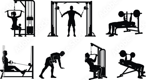 Photos Gym Fitness Equipment and Strength Training Silhouette Set with Weightlifting Ex