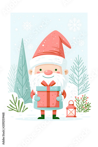 Santa holds a gift in a winter setting with trees and snowflakes in the background