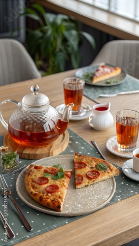 Fresh pizza served with hot tea in modern restaurant Vertical composition designed for pizzeria business branding social media advertising marketing campaigns success